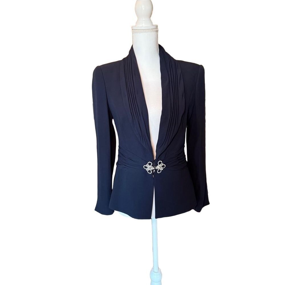 Dark Navy Escada Draped Blazer Rhinestone Clasp Evening Formal, Size 40 - Picture 2 of 8